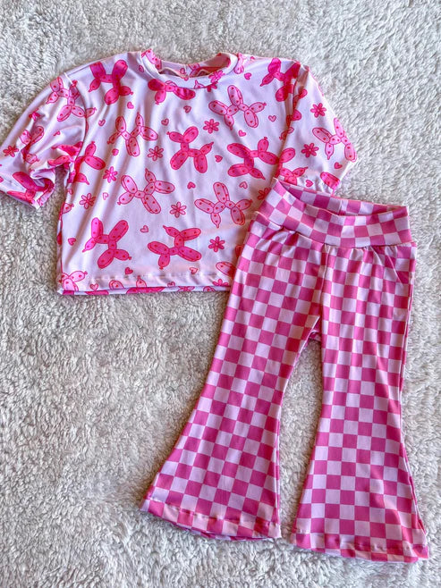3.28 GSPO2010 Baby Girls Pink Long Sleeves Flowers Hearts Dogs Top Plaid Bell Bottom Pant Set Preorder