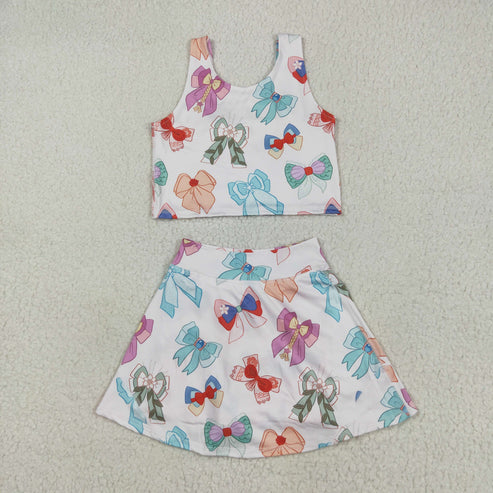 5.9 GSD2046 Baby Girls Colorful Hero Bows Athletic Active Wear Top Shorts Skirts Clothes Set