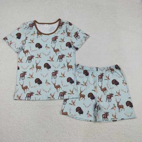 12.3 GSSO2711 Adult Women Turkey Deer Ducks Top Shorts Hunting Pajamas Set