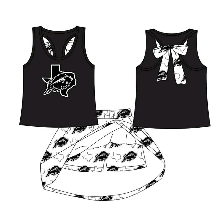 8.19 Custom Moq 5 Baby Girls Black Cow bow vest team Top Skirt Skort Sets