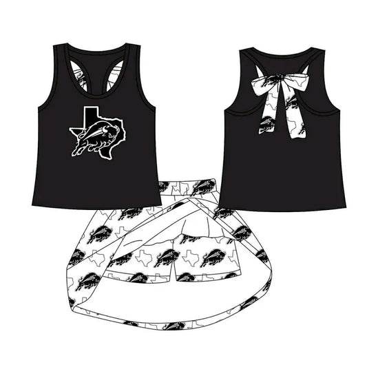 8.19 Custom Moq 5 Baby Girls Black Cow bow vest team Top Skirt Skort Sets