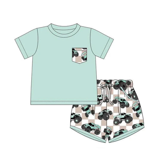 L-3.5 BSSO1316 Baby Boys Light Green Pocket Top Khaki Trucks Shorts Clothes Sets Preorder