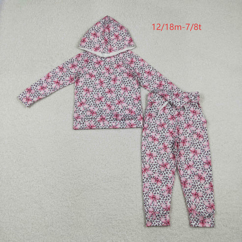 10.30 GLP2854 Baby Girls Pink Bows Leopard Hoodies Pockets Pants Clothes Set