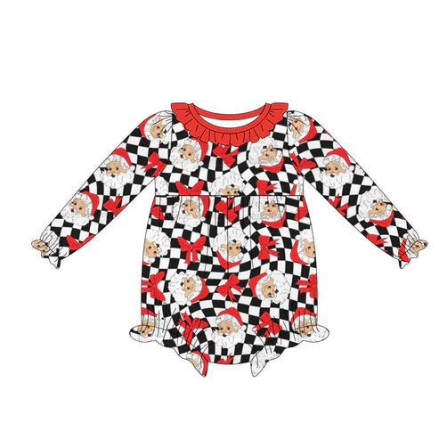 6.17 LR2236 Baby Girls Long Sleeves Black Plaid Bows Santa Ruffle Rompers Preorder