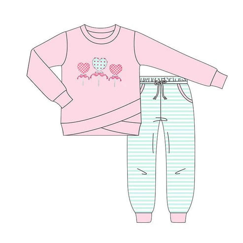 9.19 GLP2849 Baby Girls Hearts Balloons Top Pockets Stripes Pants Valentine Clothes Sets Preorder