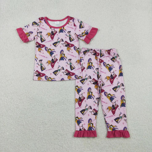 11.17 GSPO2121 Baby Girls Pink Cartoon Girls Top Ruffle Pants Pajamas Set