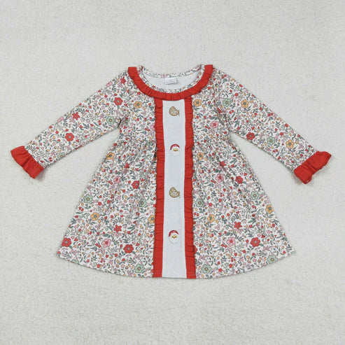 9.6 GLD1062 Embroidery Baby Girls Long Ruffle Sleeves Orange Floral Santa Cakes Knee Length Dress