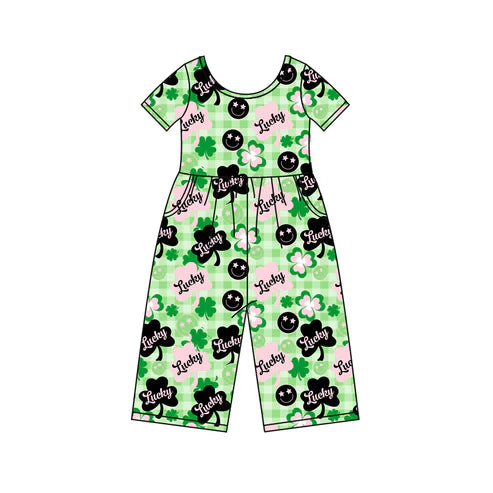 10.1 SR3237 Baby Girls Green Checked Clovers Lucky Pockets St Patrick Jumpsuits Preorder