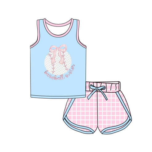 3.21  GSSO2372 Baby Girls Blue Sleeveless Bow Baseball Top Pink Plaid Shorts Sport Set Preorder