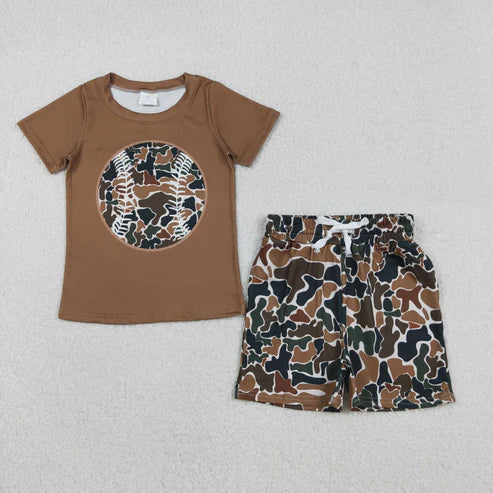 12.8 BT1429+SS0732 Baby Boys Dark Brown Camo Baseball Top Shorts Team Clothes Set