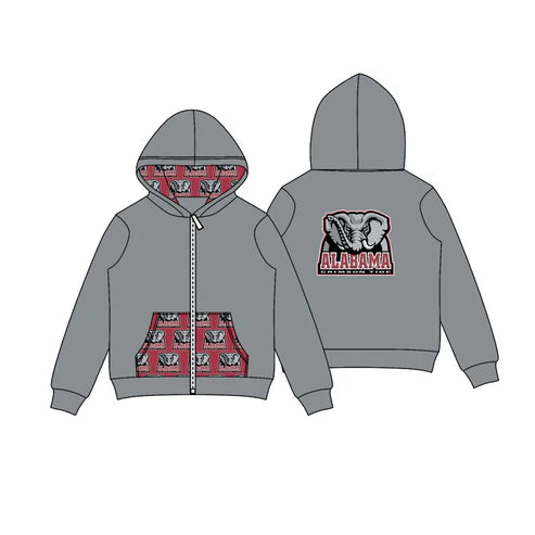 8.11 Custom Moq 5 Baby Boys Gray Alabama Elephants Team Pocket Zipper Hoodies Tops