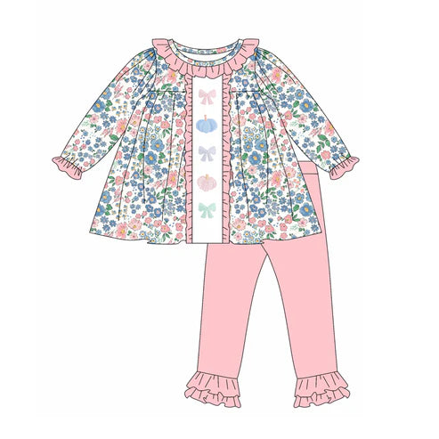 6.6  GLP2418 Baby Girls Long Sleeves Bows Pumpkins Floral Tunic Ruffle Pant Set Preorder
