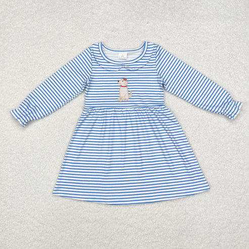 GLD0701 Baby Girls Blue Stripes Dog Knee Length Dress