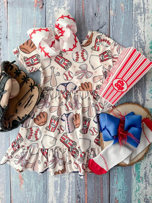 L-3.4 GSD1960 Baby Girls Baseball Bows Short Sleeve Knee Length Dresses Preorder