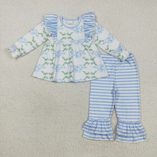 8.21 GLP1548 Baby Girls Pumpkins Bows Tunic Top Ruffle Stripes Pants Clothes Set