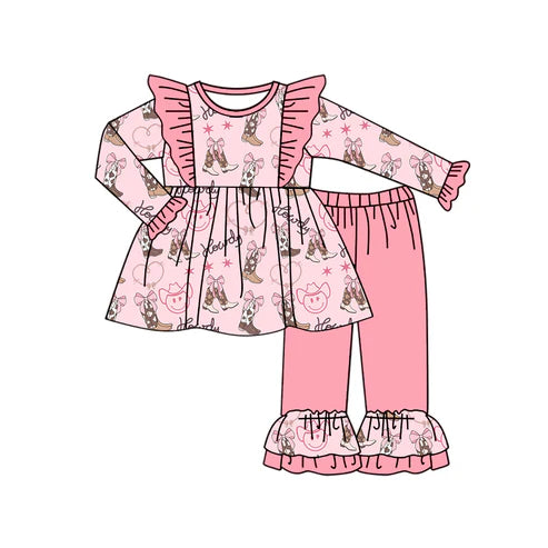 5.23 GLP1931 Baby Girls Western Howdy Boots Tunic Tops Ruffle Pants Clothes Sets Preorder