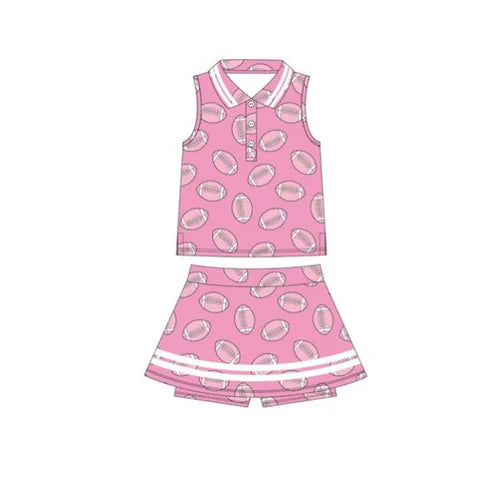 11.3 GSD2978 Baby Girls Pink Footballs Plaid Button Top Skirt Shorts Yoga Clothes Set Preorder