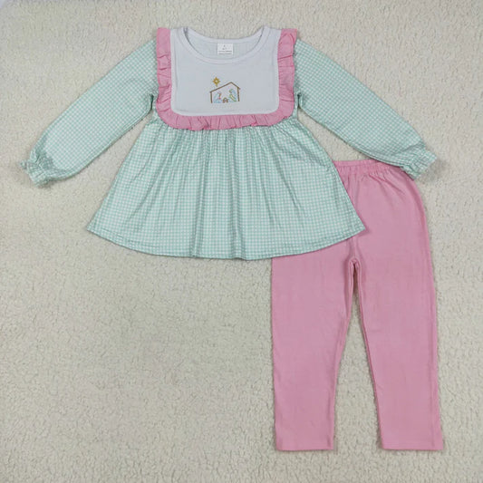 8.15 GLP2410 Embroidery Baby Girls Blue Plaid Long Ruffle Sleeves Jesus Tunic Pink Legging Pant Set