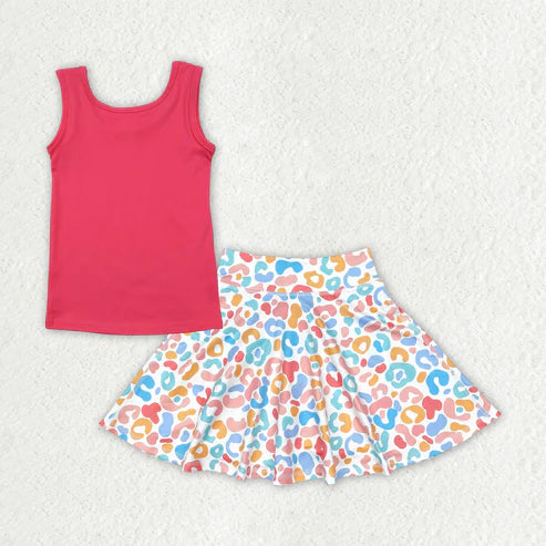 4.25 GT0991+GLK0026 Baby Girls Pink Sleeveless Yoga Vests Top Colorful Leopard Skorts Set