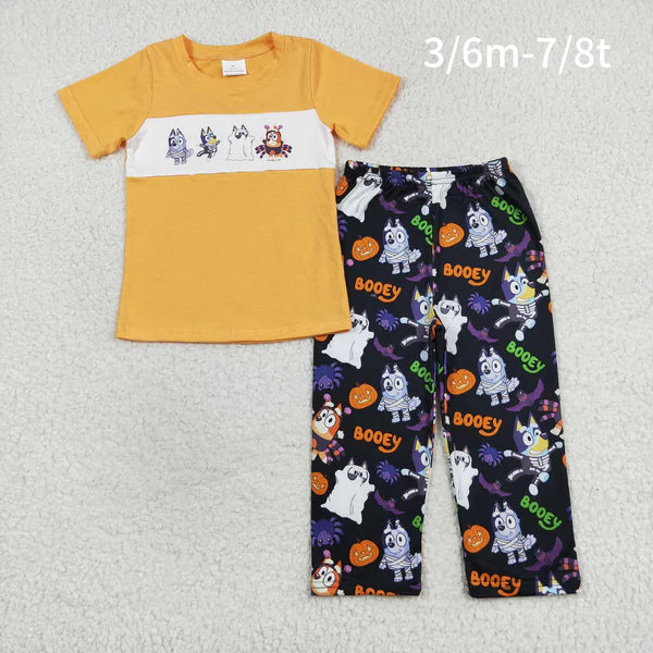 BSPO0406 Halloween Spider Pumpkin Lantern Orange Short Sleeve Pants Suit