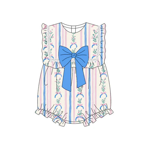 4.16  SR3045 Baby Girls Floral Stripe Blue Bow Ruffle Rompers Preorder