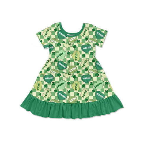 9.30 GSD2839 Baby Girls Green Checked Clovers Hearts St Patrick Ruffle Knee Length Dresses Preorder