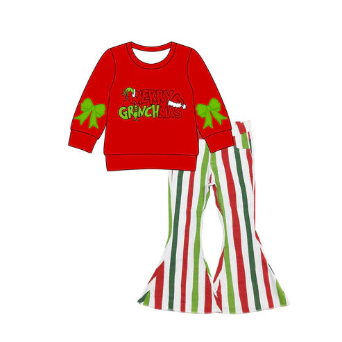8.14 GLP2704 Baby Girls Red Merry Christmas Green Face Top Stripe Denim Pants Clothes Set Preorder