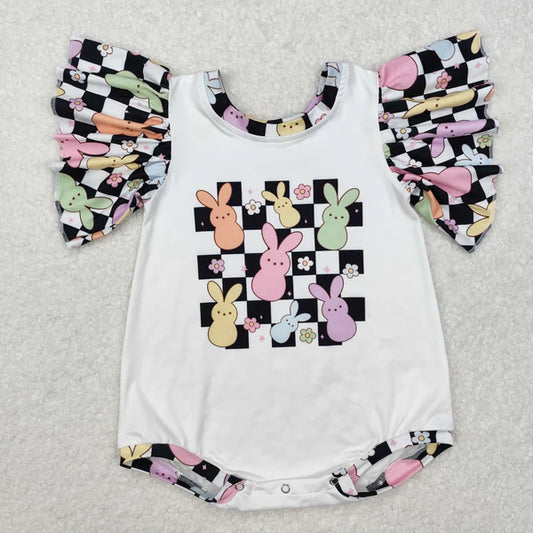 SR2227 Baby Infant Girls Easter Checkered Rabbits Romper