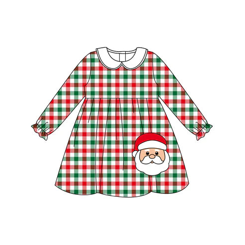 6.27 GLD1167 Baby Girls Long Ruffle Sleeves Red Green Plaid Santa Knee Length Dresses Preorder