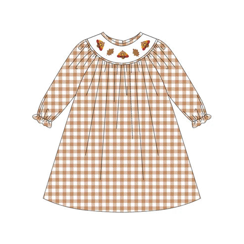 5.20 GLD1042 Baby Girls Long Ruffle Sleeves Khaki Plaid Smocked Turkey Leaves Knee Length Dresses Preorder