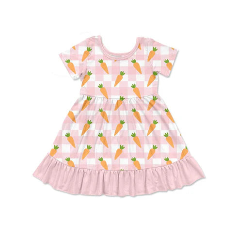 10.2 GSD2850 Baby Girls Pink Checked Carrots Ruffle Easter Knee Length Dresses Preorder