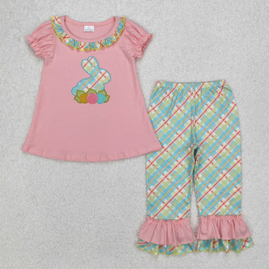 3.15  GSPO0974 Baby Girls Easter Pink Rabbit Flowers Tunic Ruffle Pants Clothing Set