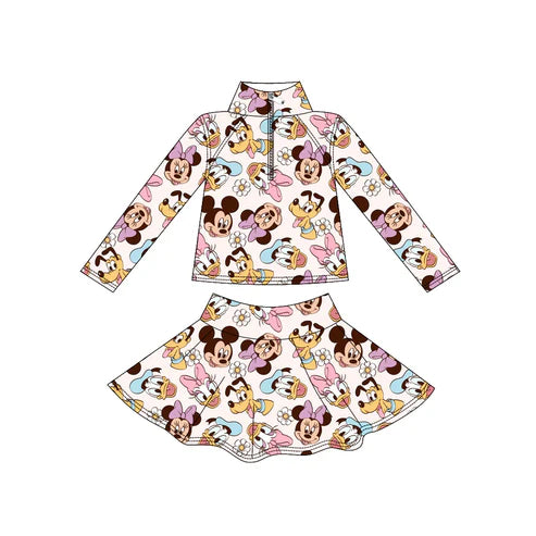 9.8 Custom Moq 5 Baby Girls Long Sleeve Cartoon Heads Zip Pullover Skorts Yoga Clothes Sets