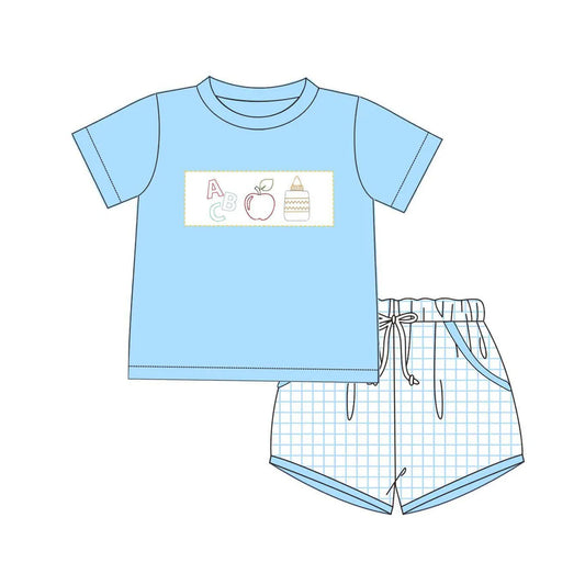 4.9 BSSO1463 Baby Boys Apple Pencil Top Blue Plaid Pockets Short Set Preorder