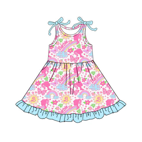 4.19 GSD2463 Baby Girls Strap Pink Flowers Cartoon Dolls Knee Length Dresses Preorder