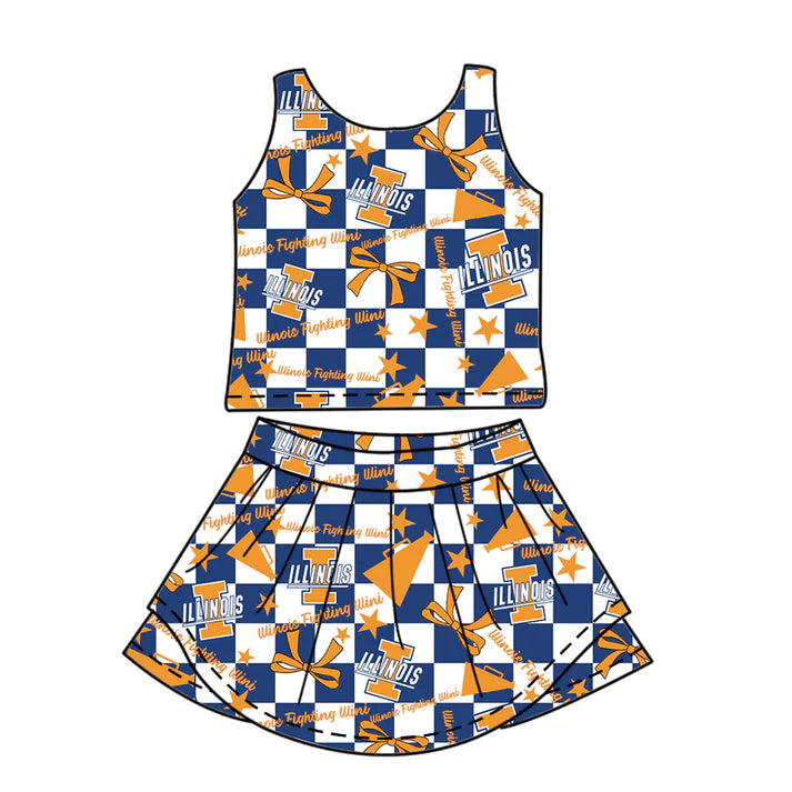 7.8 Custom Moq 3 Baby Girls Sleeveless lllinois Plaid Bows Vest Top Short Skirts Set