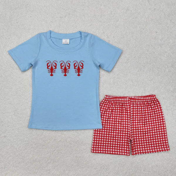 BSSO1161 Baby Boys Crawfish Blue Shirt Checkered Shorts Clothes Set