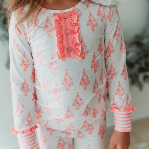 5.24 GLP1935 Baby Girls Christmas Pink Trees Tops Pants Pajamas Clothes Sets Preorder