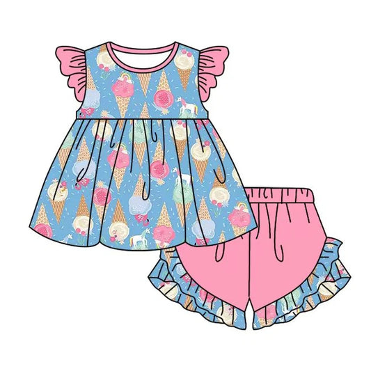 3.23  GSSO2402 Baby Girls Pink Flutter Sleeves Ice Cream Tunic Ruffle Short Set Preorder