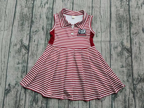 7.31  Custom Moq 5 Baby Girls Sleeveless Red Stripe Button Alabama Team Knee Length Dresses