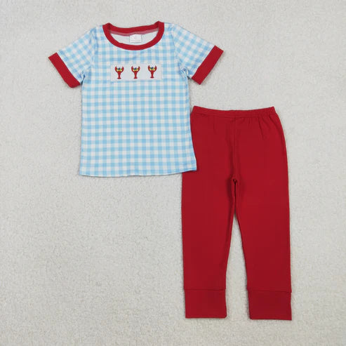 11.8  BSPO0602 Embroidery Baby Boys Blue Checked Mardigras Crayfishes Top Pants Clothes Set