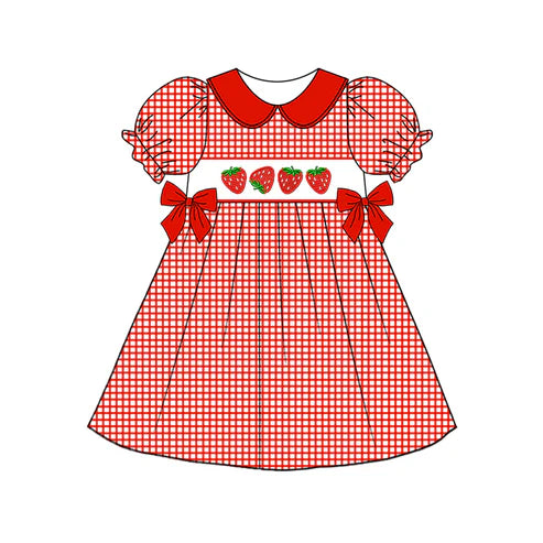 Baby Girls Red Checkered Strawberry Bows Knee Length Dresses Preorder