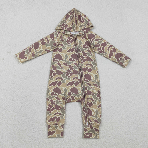 12.3 LR2812 Baby Boys Southern Khaki Camo Two Way Zip Convertible Hoodie Romper