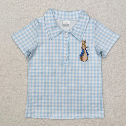 BT1095 Baby Boys Blue Checkered Rabbit Short Sleeve Tee Shirts Tops