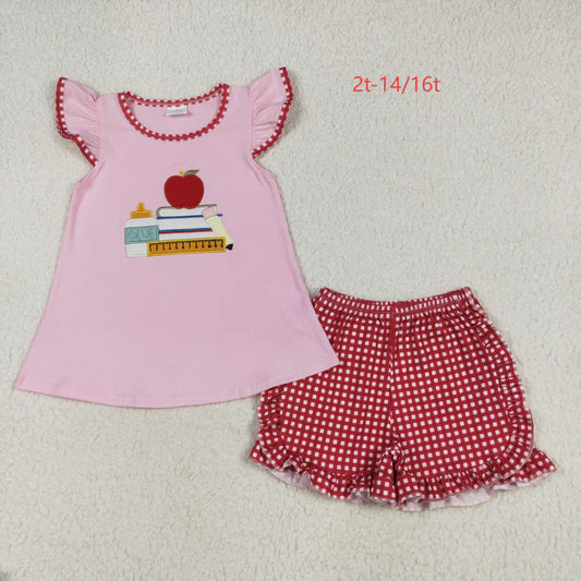 6.12 GSSO2069 Baby Girls Apple Back To School Books Tunic Ruffle Shorts Set