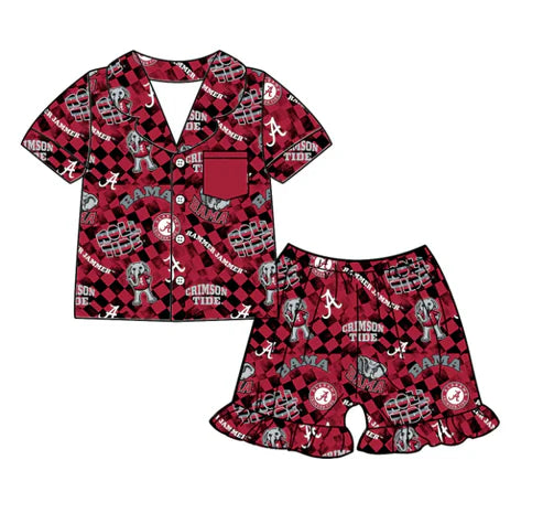 6.21 Custom Moq 3 Baby Girls Short Sleeves Red Plaid Button Pocket Bama A Top Ruffle Shorts Team Pajamas Set