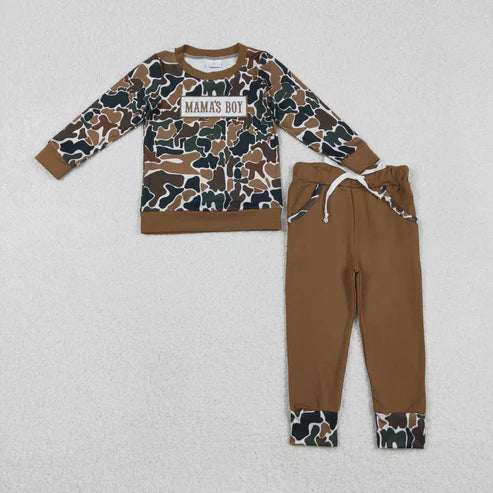 11.17 BLP1337 Embroidery Baby Boys Dark Brown Camo Mama's Boy Top Pockets Jogger Pants Clothes Set