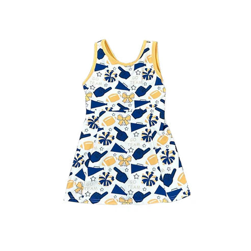 10.1 GSD2843 Baby Girls Blue Yellow Bows Footballs Go Team Shorts Yoga Knee Length Dresses