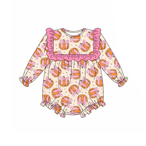 5.20 LR2211 Baby Girls Long Sleeves Pink Bows Pumpkins Ruffle Rompers Preorder