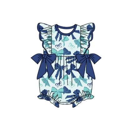 6.13 SR3121 Baby Girls Hot Blue Flutter Sleeves Bows Ruffle Rompers Preorder